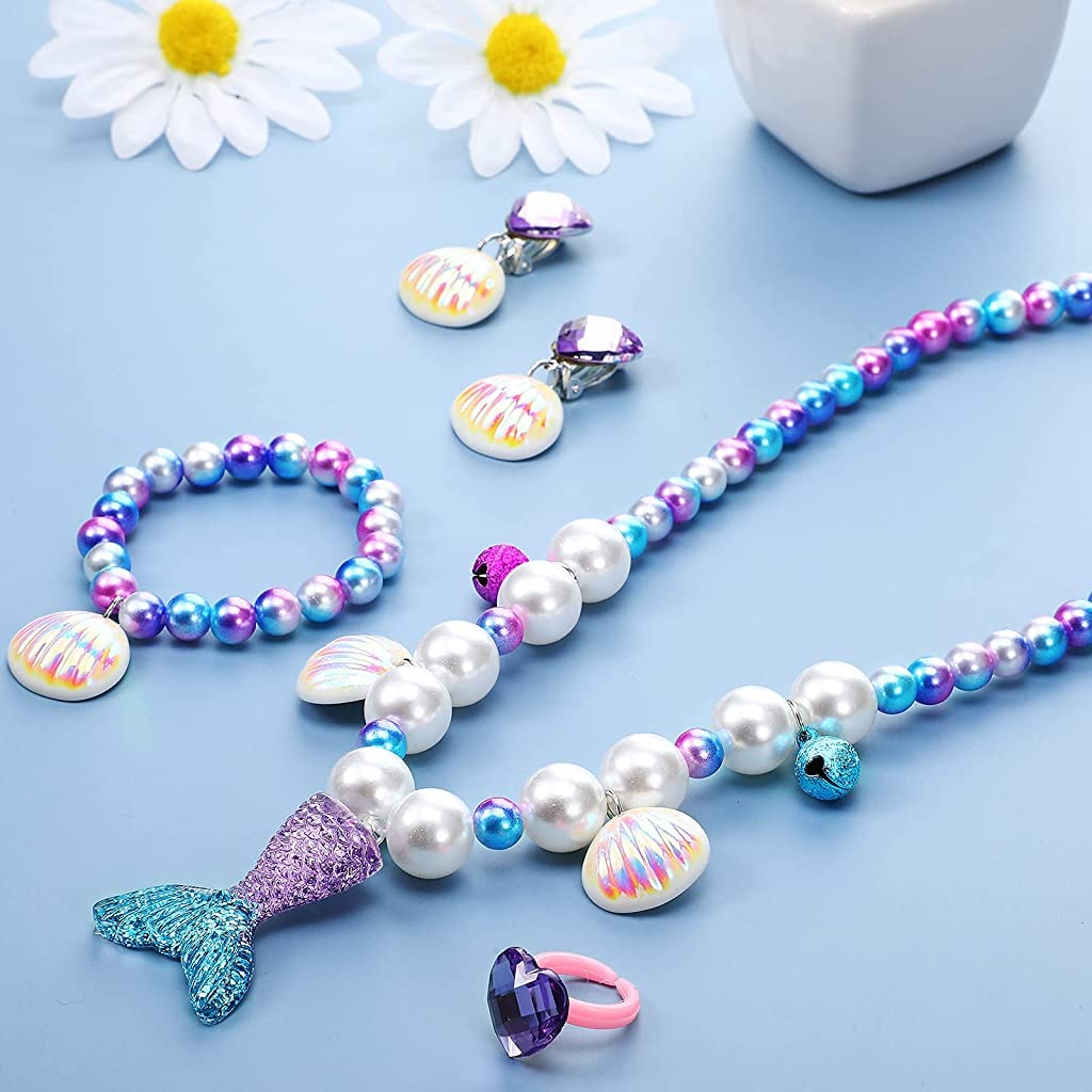 SANNIDHI Set Of 5 Mermaid Necklace Bracelet For Girls Jewelry Kit Pearl Beads Necklace Bracelet Seashell Earrings Ring Combo Set For Party Costume Jewelry Supplies For Toddler Kids Gift SANNIDHI Set Of 5 Mermaid Necklace Bracelet For Girls Jewelry Kit Pearl Beads Necklace Bracelet Seashell Earrings Ring Combo Set For Party Costume Jewelry Supplies For Toddler Kids Gift